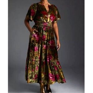 Anthropologie XL NWT Somerset Velvet Edition Maxi Dress Long Tiered Green Floral